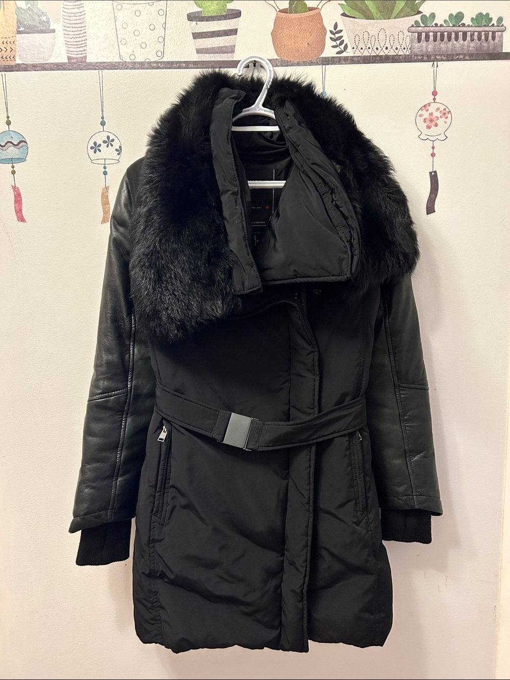 Lamarque Black Faux Fur-Collar Belted Trench Coat